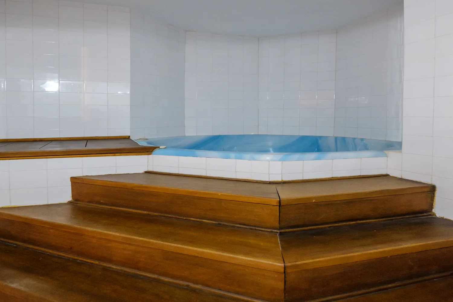 Indoor jacuzzi with wooden steps
